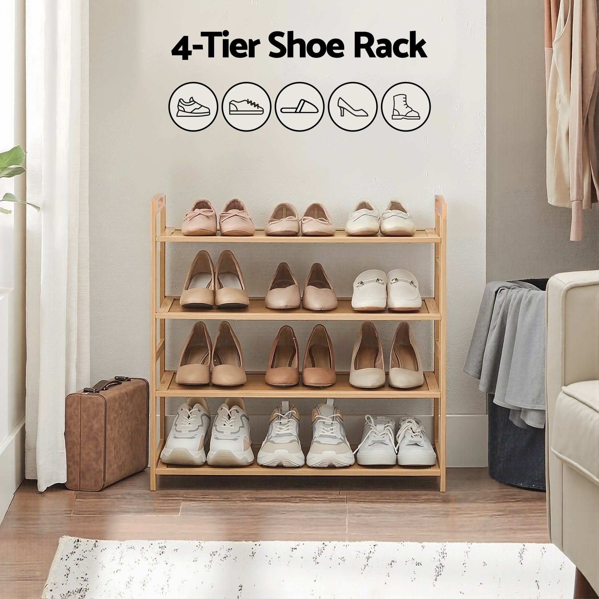 Artiss 4 Tier Shoe Rack Bamboo Storage Organiser Pine FUR-U-SHOE-BAM-4T