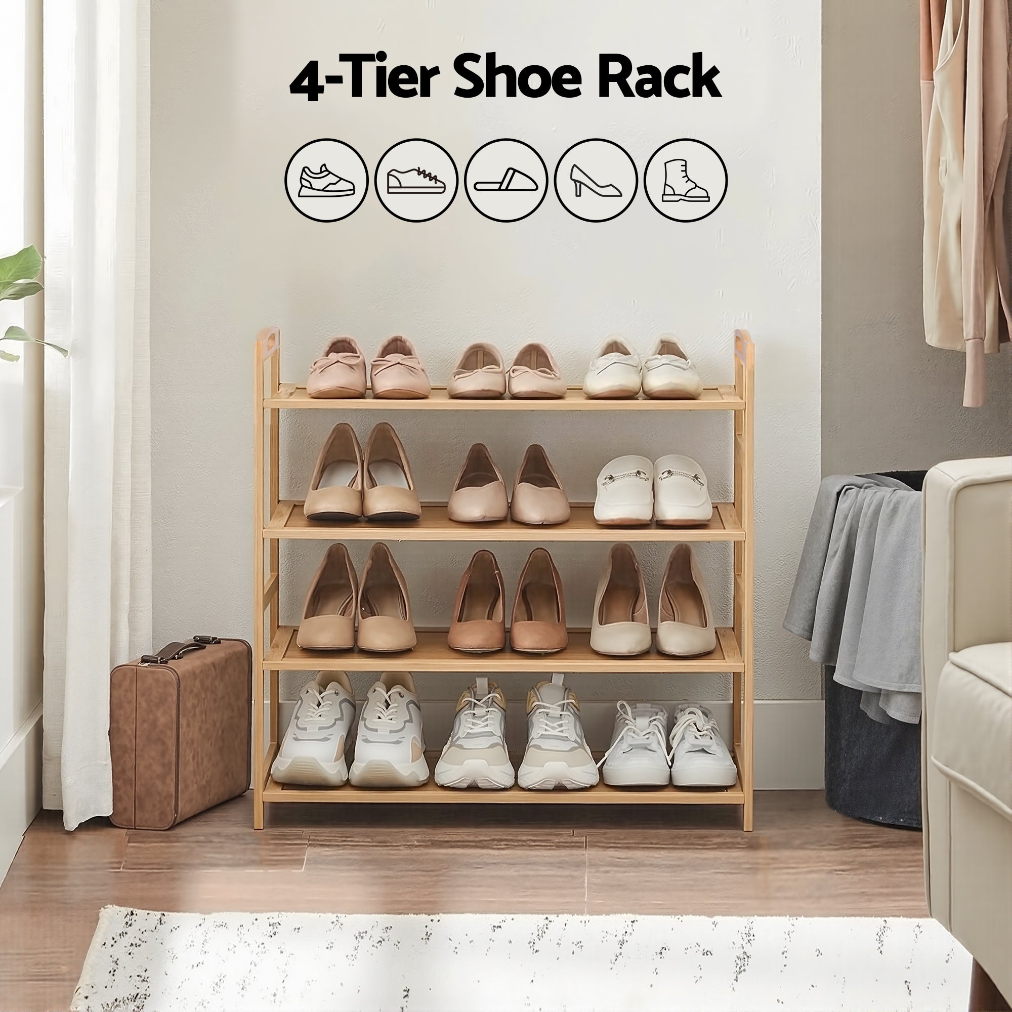 Artiss 4 Tier Shoe Rack Bamboo Storage Organiser Pine FUR-U-SHOE-BAM-4T