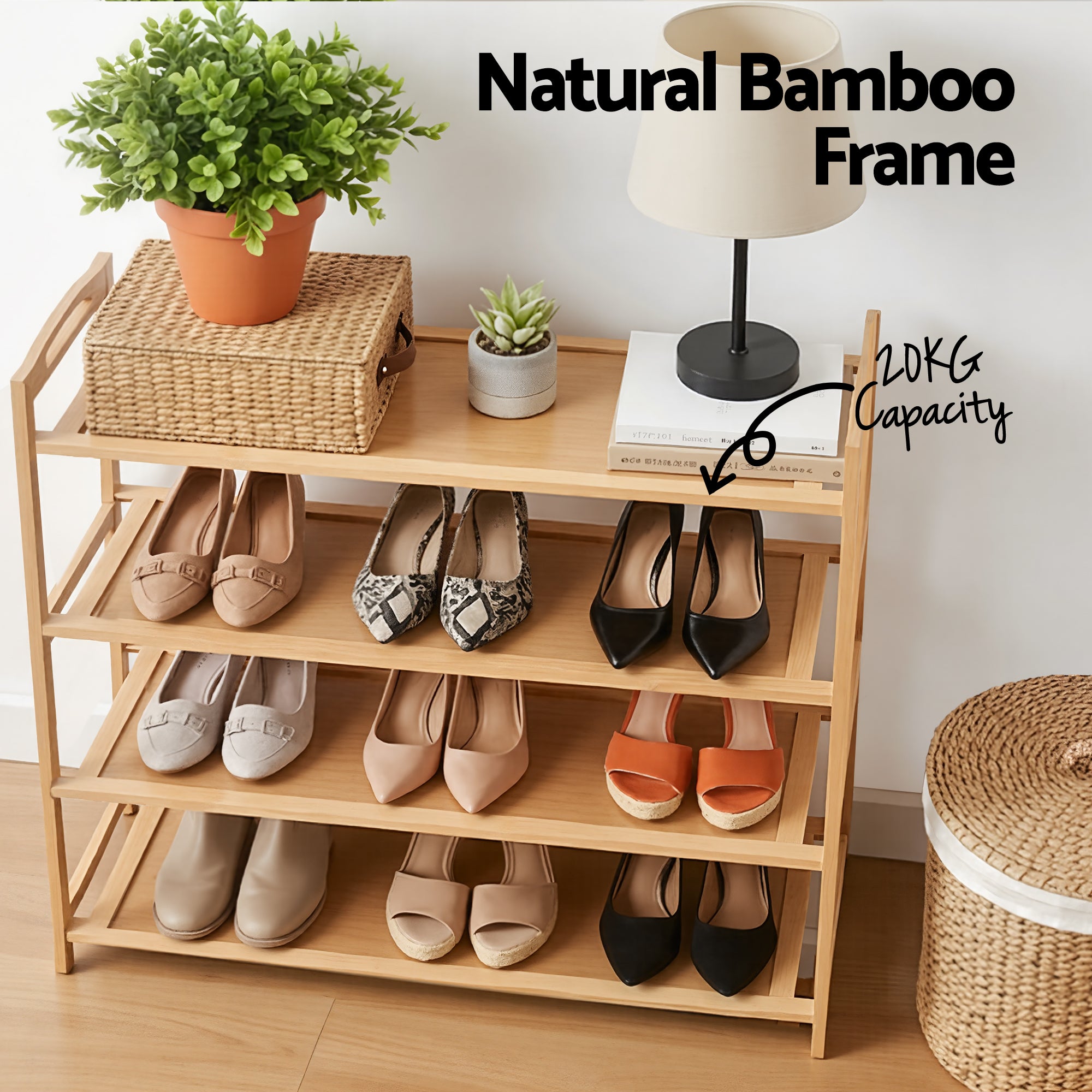 Artiss 4 Tier Shoe Rack Bamboo Storage Organiser Pine FUR-U-SHOE-BAM-4T