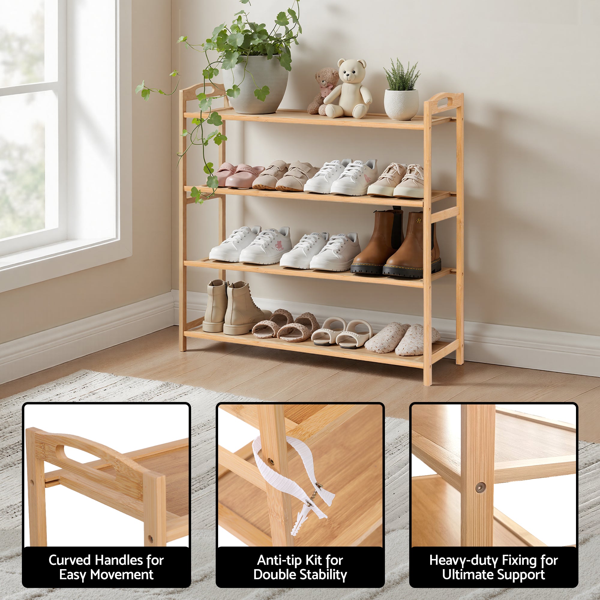 Artiss 4 Tier Shoe Rack Bamboo Storage Organiser Pine FUR-U-SHOE-BAM-4T