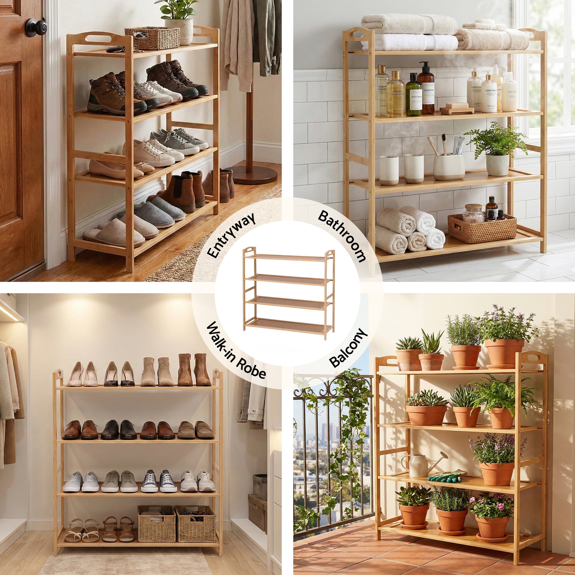 Artiss 4 Tier Shoe Rack Bamboo Storage Organiser Pine FUR-U-SHOE-BAM-4T