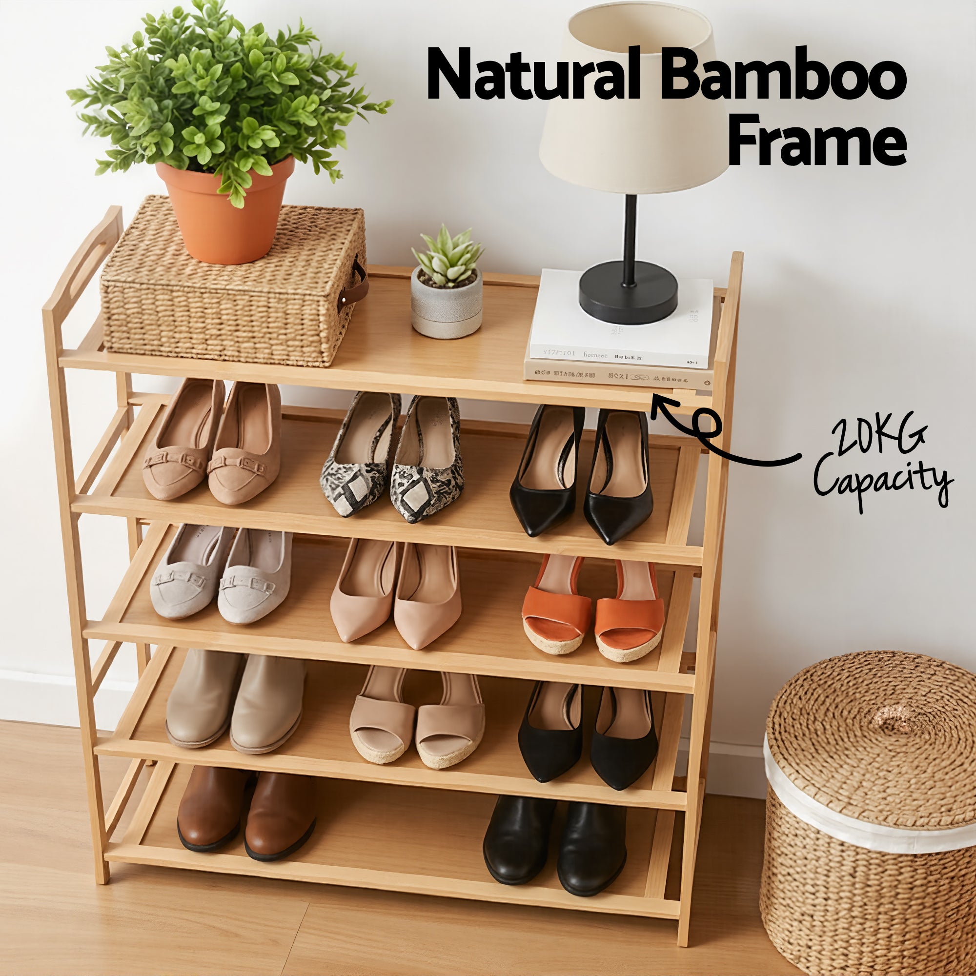 Artiss 5 Tier Shoe Rack Bamboo Storage Organiser Pine FUR-U-SHOE-BAM-5T