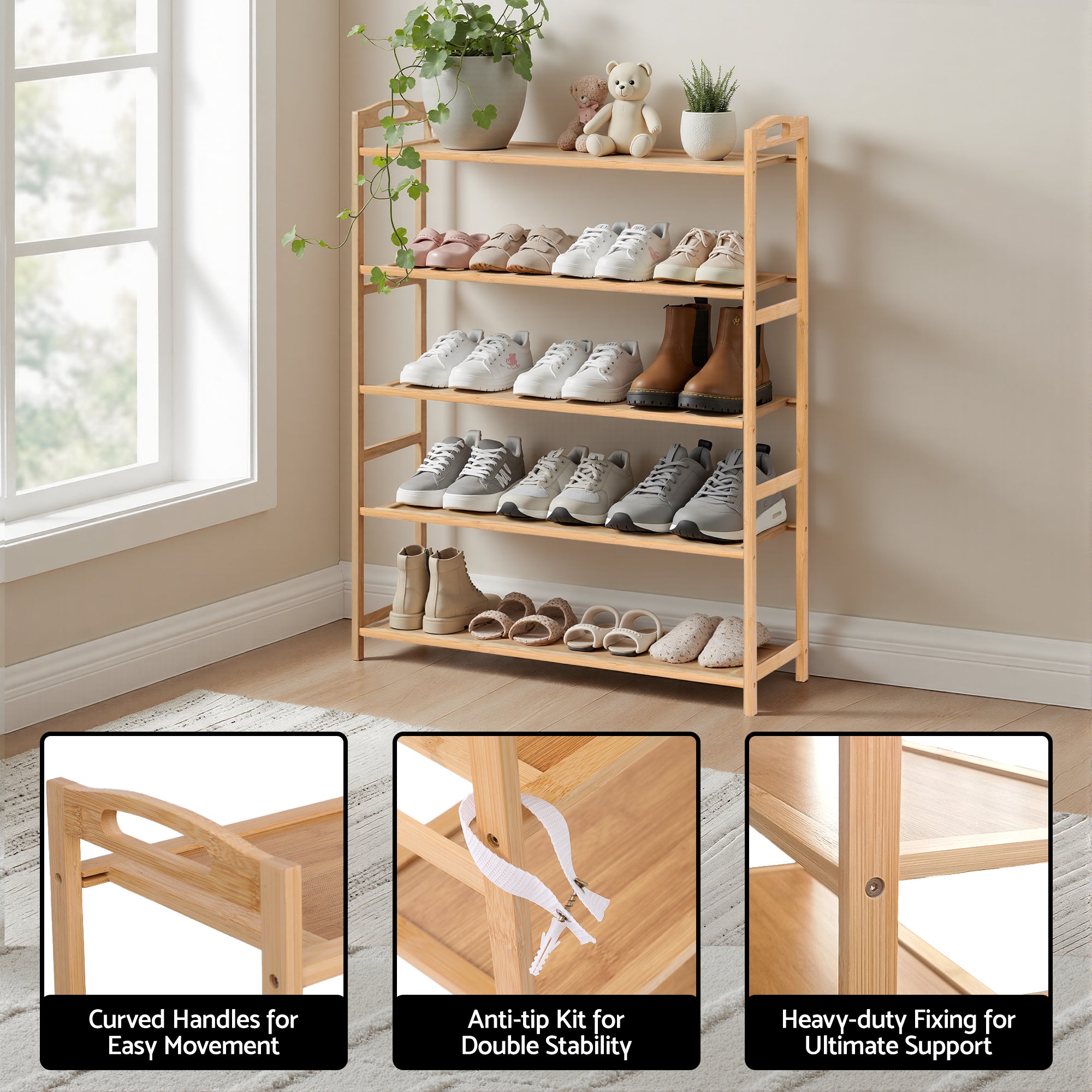 Artiss 5 Tier Shoe Rack Bamboo Storage Organiser Pine FUR-U-SHOE-BAM-5T