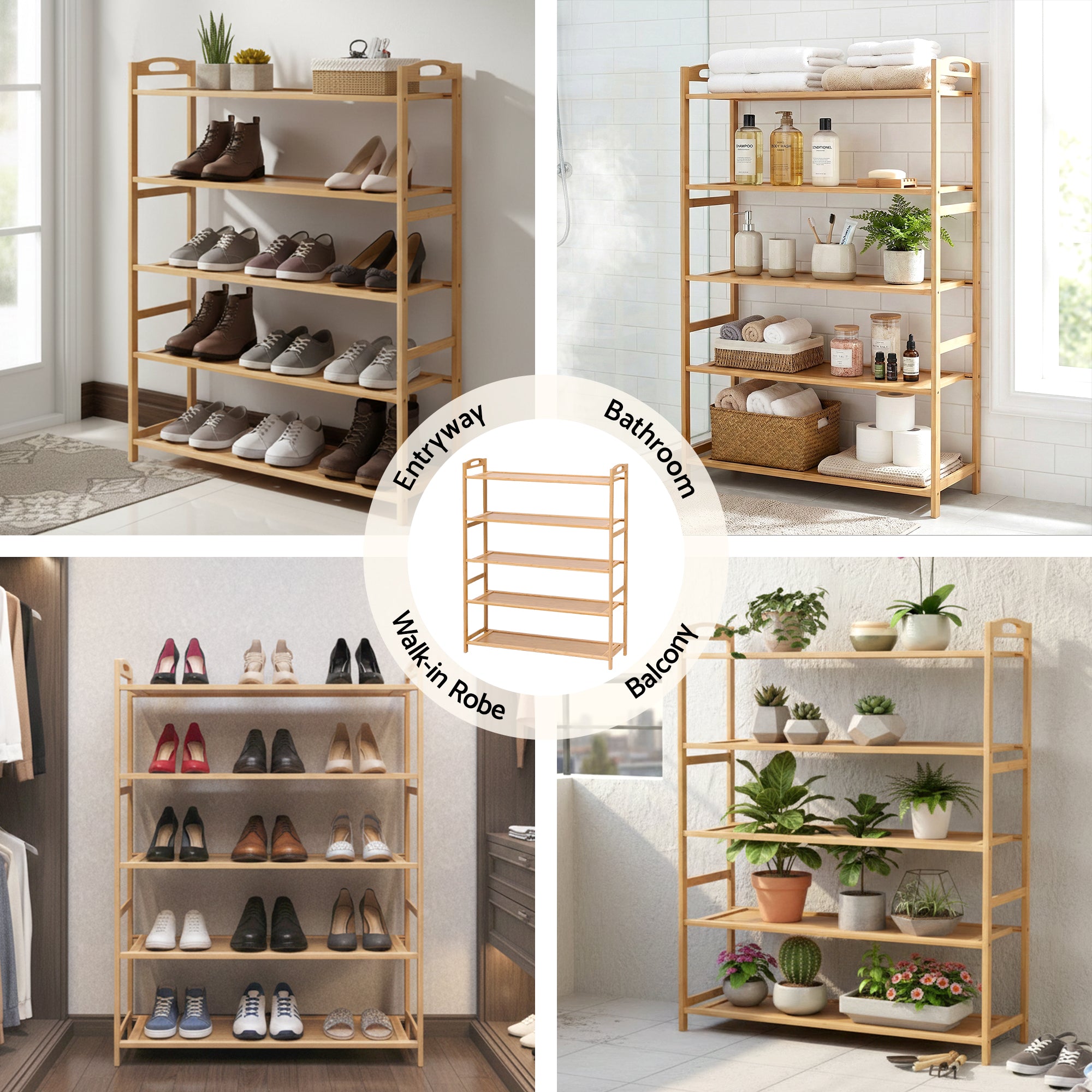 Artiss 5 Tier Shoe Rack Bamboo Storage Organiser Pine FUR-U-SHOE-BAM-5T
