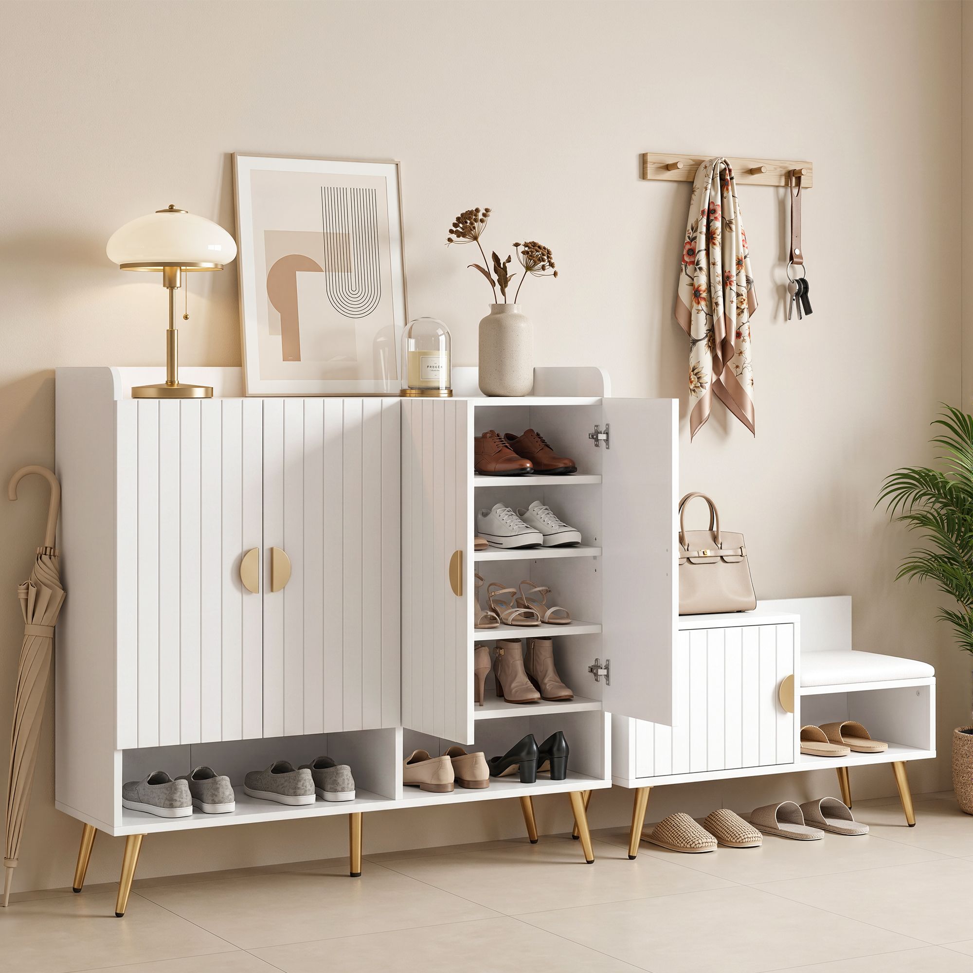 Artiss Shoe Cabinet Bench Set Adjustable Shelf Hallway Living Room White FUR-U-SHOE-BEN01-WH