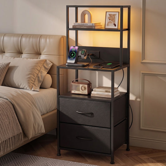 Artiss Bedside Table Tall Nightstand with Charging Station Drawers LED Black FUR-V-BS01-LED-BK