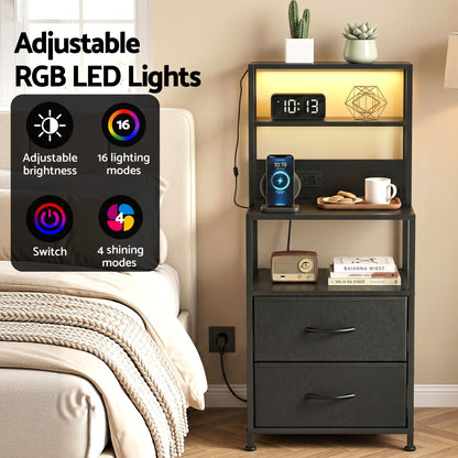 Artiss Bedside Table Tall Nightstand with Charging Station Drawers LED Black FUR-V-BS01-LED-BK