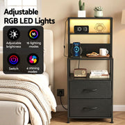 Artiss Bedside Table Tall Nightstand with Charging Station Drawers LED Black