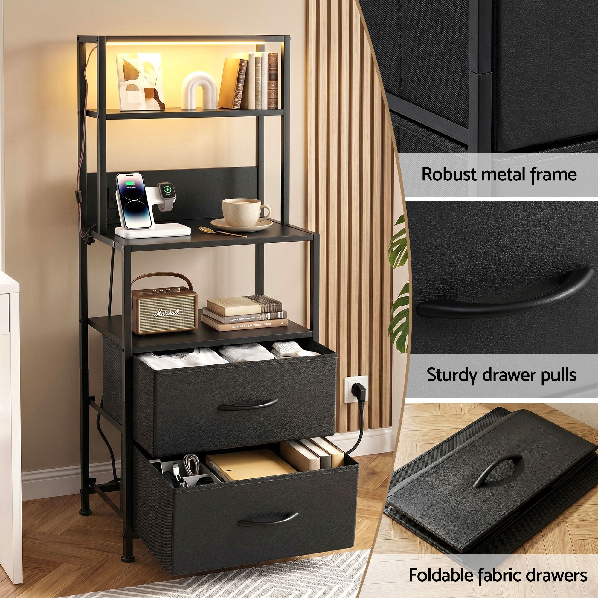 Artiss Bedside Table Tall Nightstand with Charging Station Drawers LED Black
