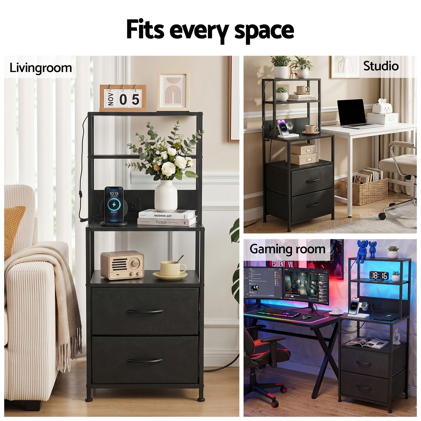 Artiss Bedside Table Tall Nightstand with Charging Station Drawers LED Black FUR-V-BS01-LED-BK