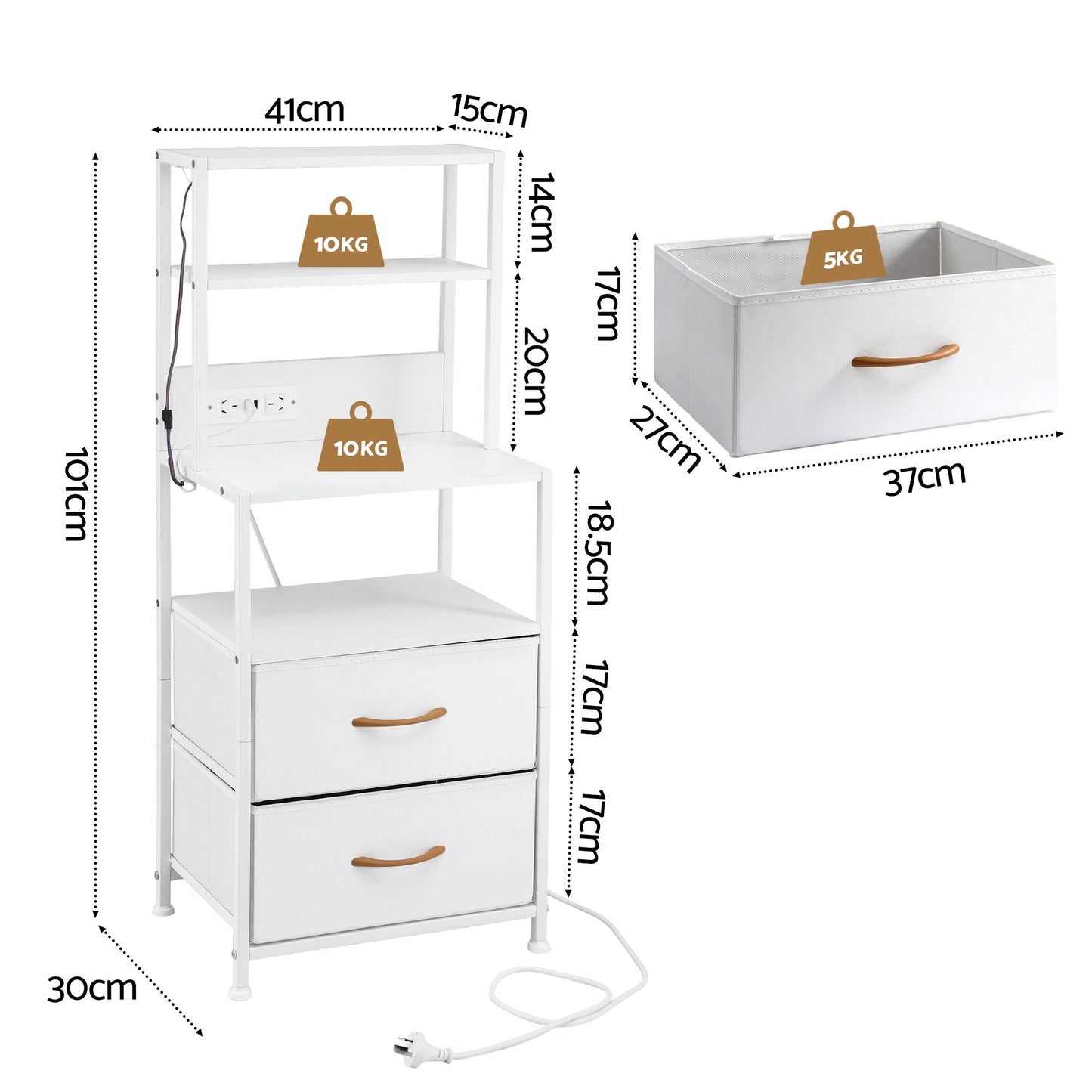 Artiss Bedside Table Tall Nightstand with Charging Station Drawers LED White FUR-V-BS01-LED-WH