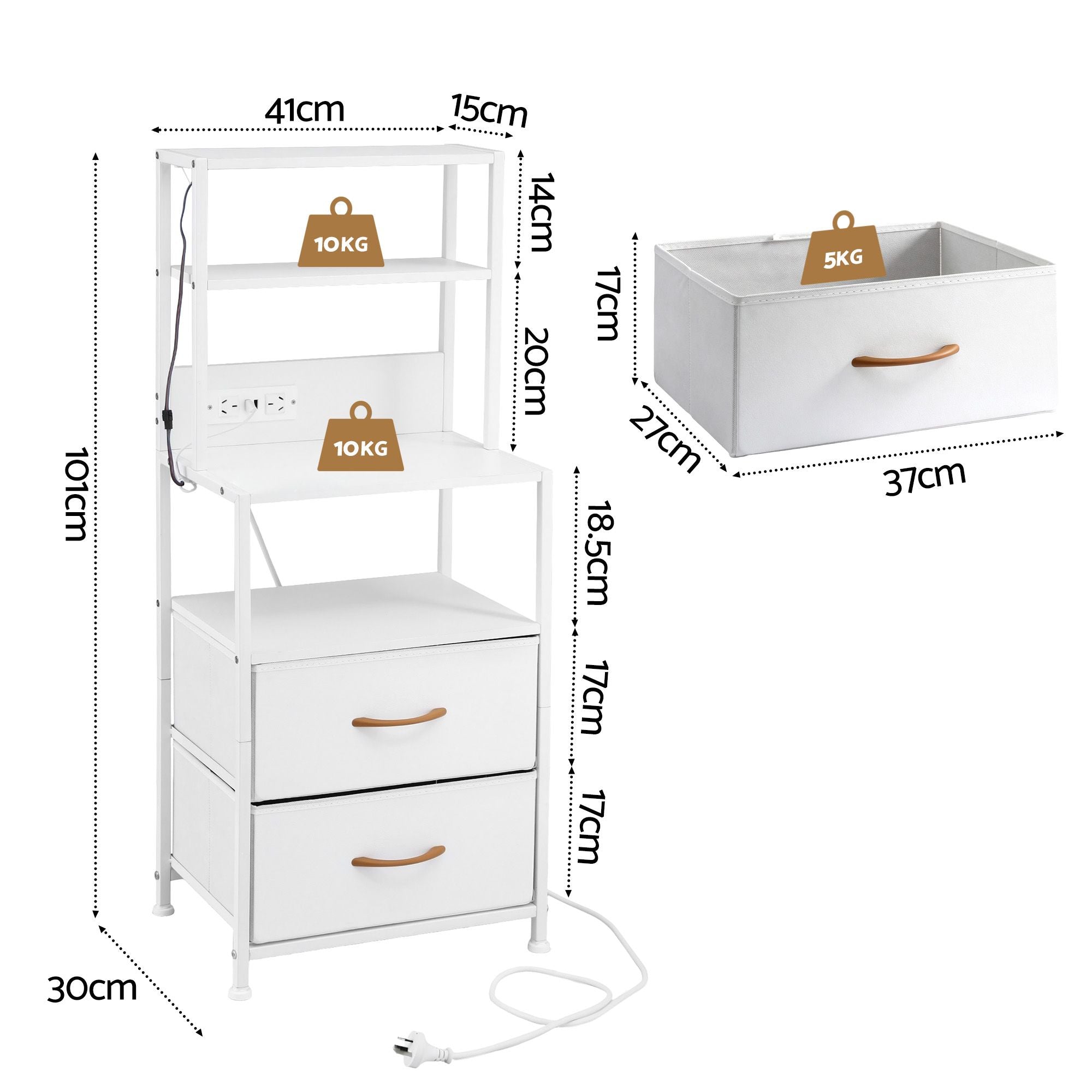 Artiss Bedside Table Tall Nightstand with Charging Station Drawers LED White