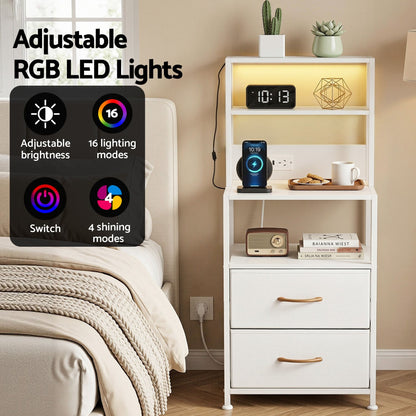 Artiss Bedside Table Tall Nightstand with Charging Station Drawers LED White FUR-V-BS01-LED-WH