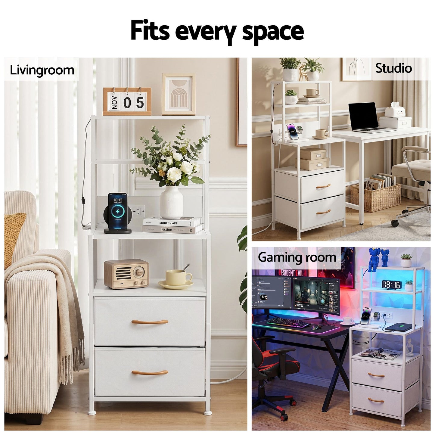 Artiss Bedside Table Tall Nightstand with Charging Station Drawers LED White FUR-V-BS01-LED-WH