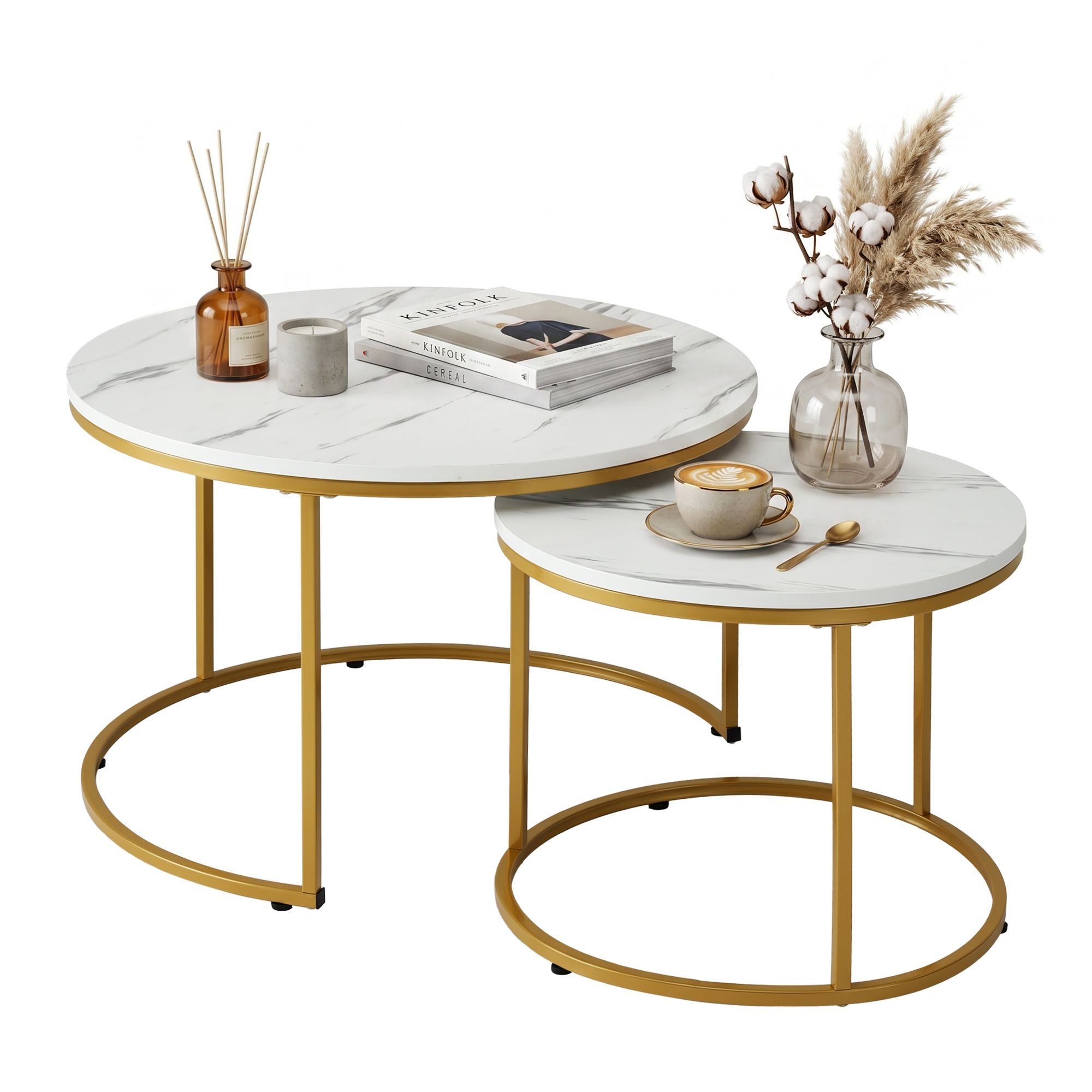 Artiss Nesting Coffee Table Set of 2 Round Marble Effect 70/50cm White & Gold FUR-V-COF-01-MBGD