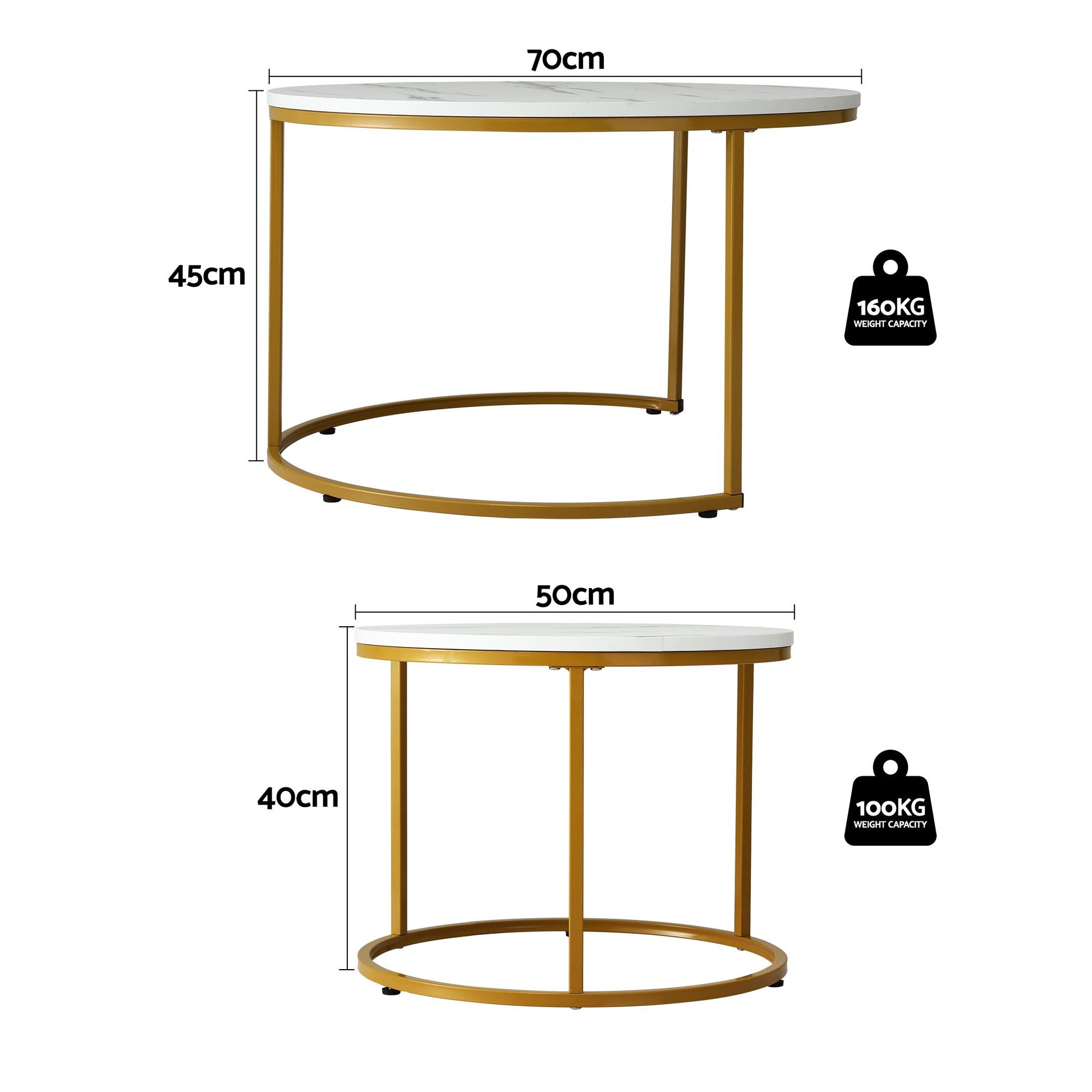 Artiss Nesting Coffee Table Set of 2 Round Marble Effect 70/50cm White & Gold FUR-V-COF-01-MBGD