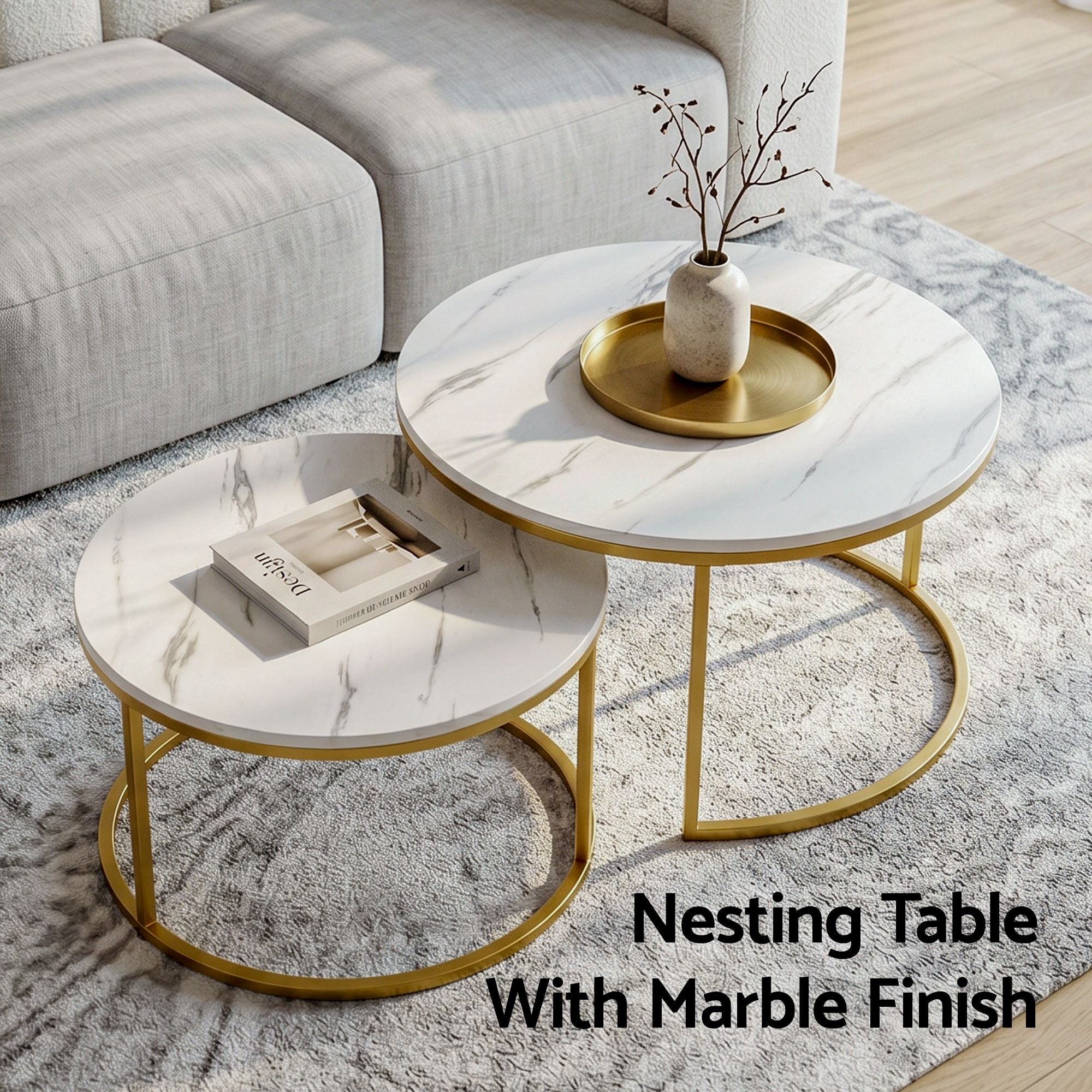 Artiss Nesting Coffee Table Set of 2 Round Marble Effect 70/50cm White & Gold FUR-V-COF-01-MBGD
