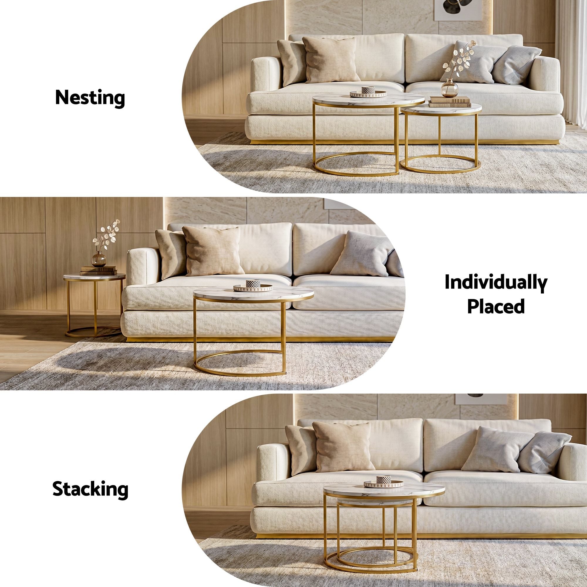 Artiss Nesting Coffee Table Set of 2 Round Marble Effect 70/50cm White & Gold FUR-V-COF-01-MBGD