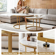 Artiss Nesting Coffee Table Set of 2 Round Marble Effect 70/50cm White & Gold FUR-V-COF-01-MBGD