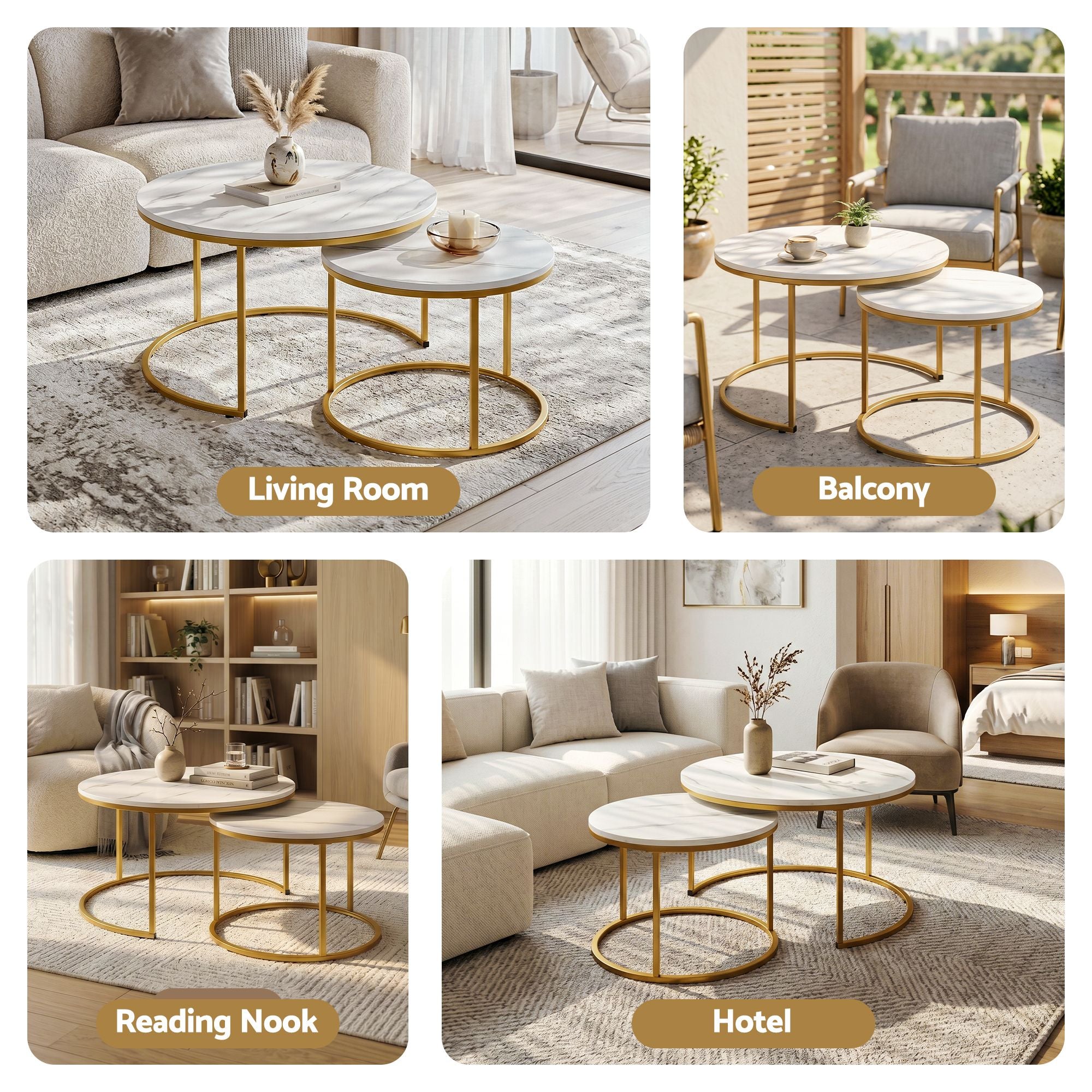 Artiss Nesting Coffee Table Set of 2 Round Marble Effect 70/50cm White & Gold FUR-V-COF-01-MBGD
