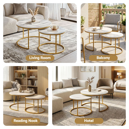Artiss Nesting Coffee Table Set of 2 Round Marble Effect 70/50cm White & Gold FUR-V-COF-01-MBGD