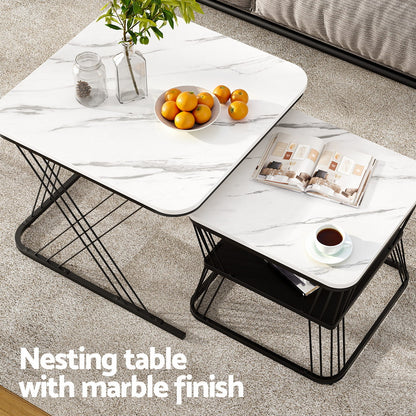 Artiss Nesting Coffee Table Set of 2 Marble Effect FUR-V-COF-02-MBWH