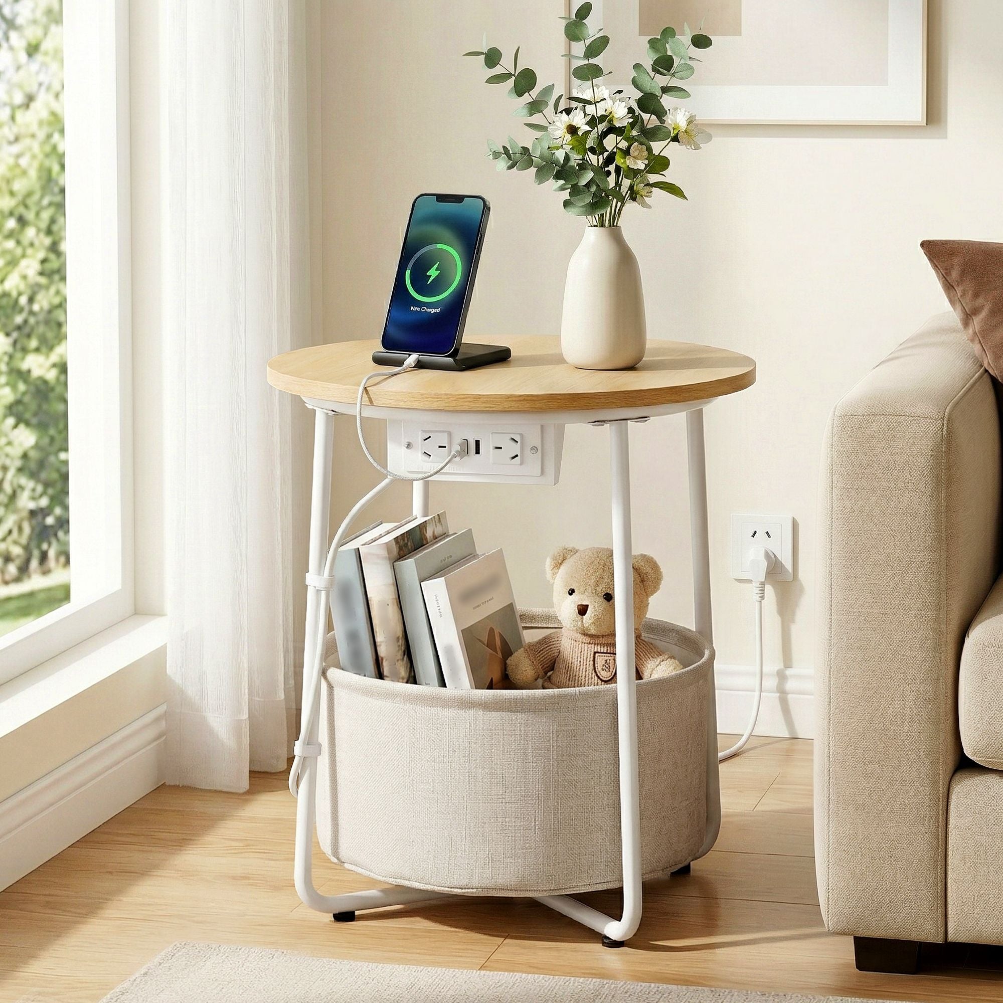 Artiss Round Coffee Table Side End Table Charging Station Storage Basket FUR-V-COF-03-BG