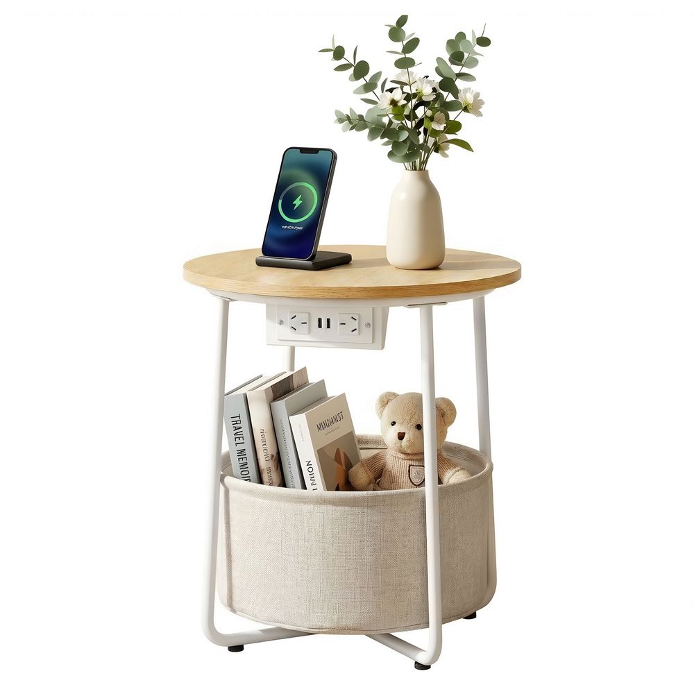 Artiss Round Coffee Table Side End Table Charging Station Storage Basket FUR-V-COF-03-BG