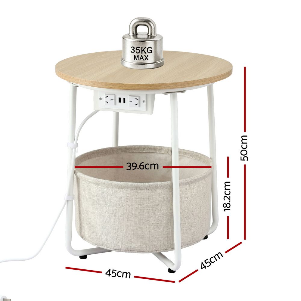 Artiss Round Coffee Table Side End Table Charging Station Storage Basket FUR-V-COF-03-BG
