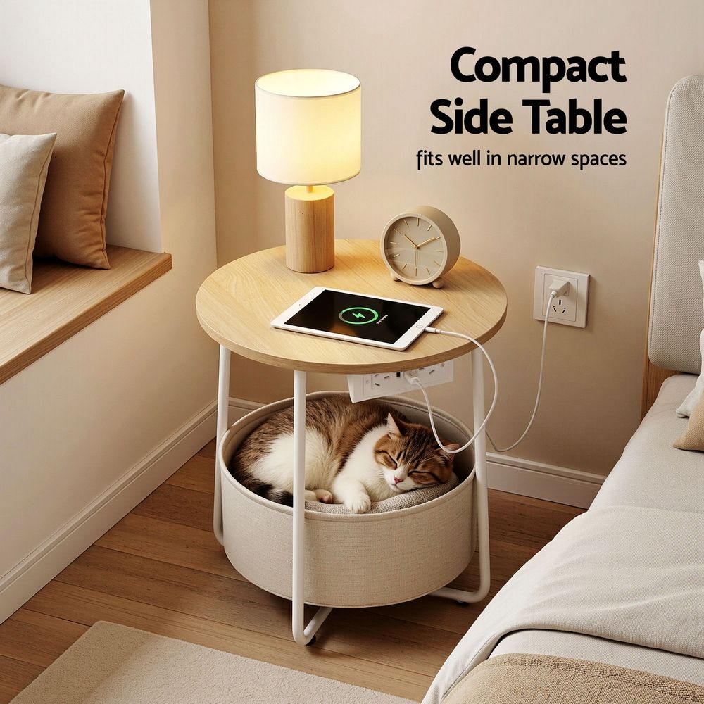 Artiss Round Coffee Table Side End Table Charging Station Storage Basket FUR-V-COF-03-BG