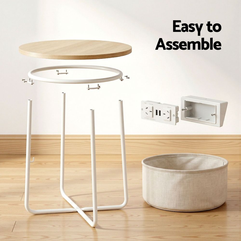 Artiss Round Coffee Table Side End Table Charging Station Storage Basket FUR-V-COF-03-BG