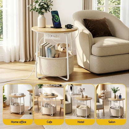 Artiss Round Coffee Table Side End Table Charging Station Storage Basket FUR-V-COF-03-BG