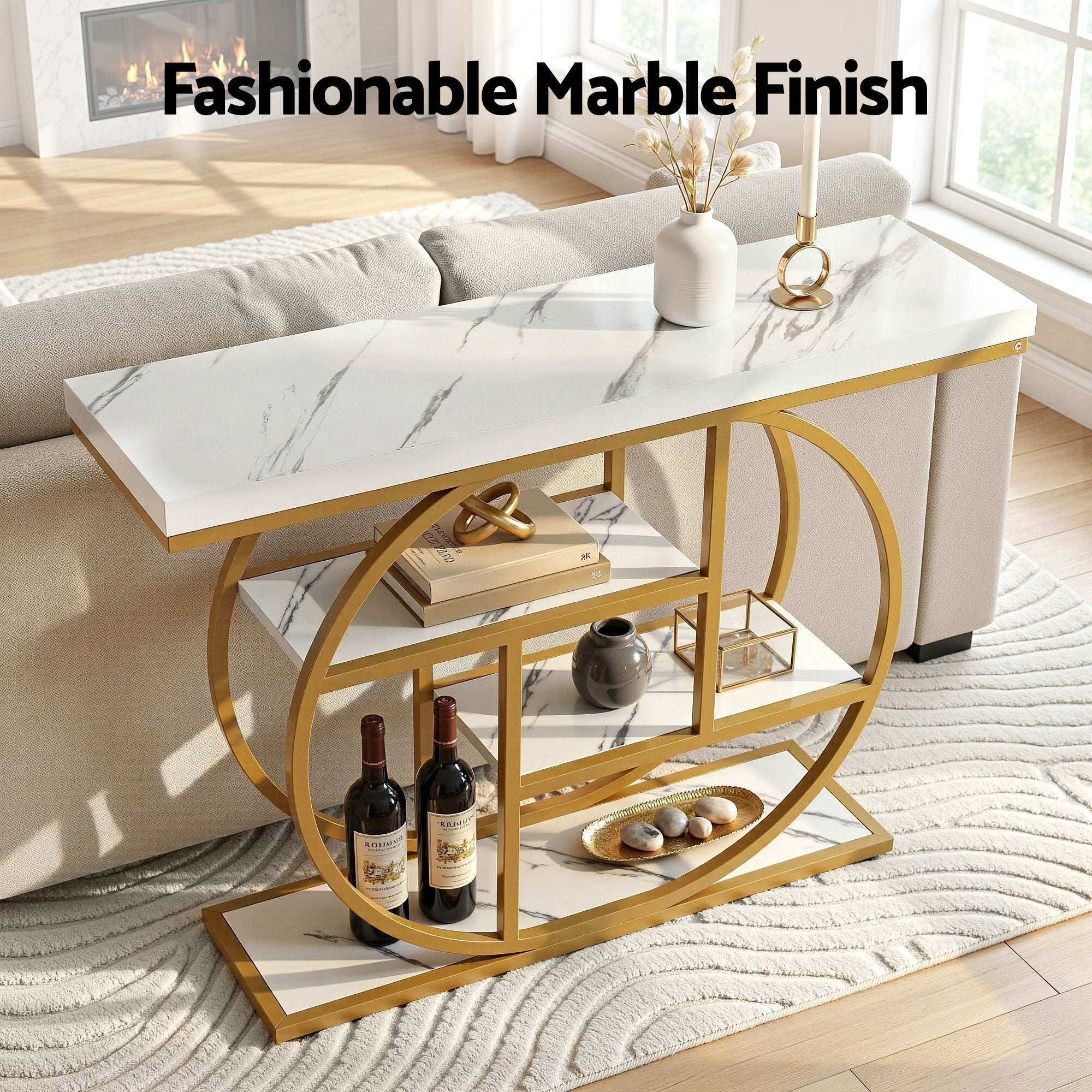 Artiss Console Table Marble Effect 4-Tier Shelves 105CM White&Gold FUR-V-CST-01-MBWH