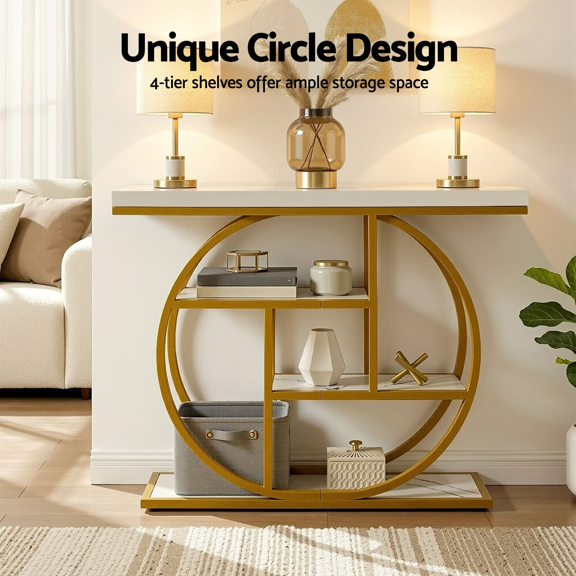 Artiss Console Table Marble Effect 4-Tier Shelves 105CM White&Gold FUR-V-CST-01-MBWH