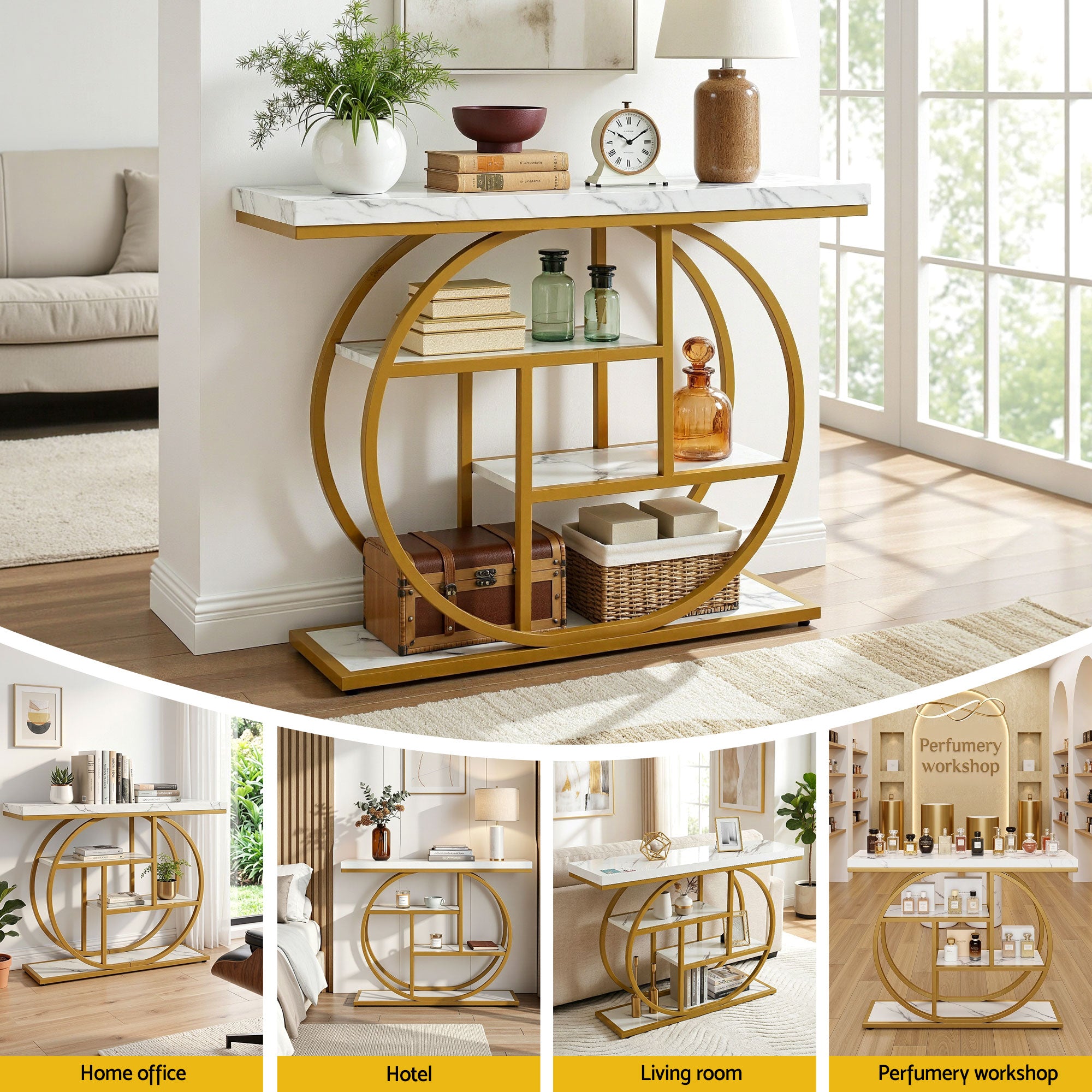 Artiss Console Table Marble Effect 4-Tier Shelves 105CM White&Gold FUR-V-CST-01-MBWH
