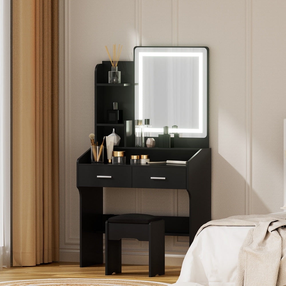 Artiss Dressing Table Set Stool Led Black FUR-V-DRESS03-LED-BK-AB