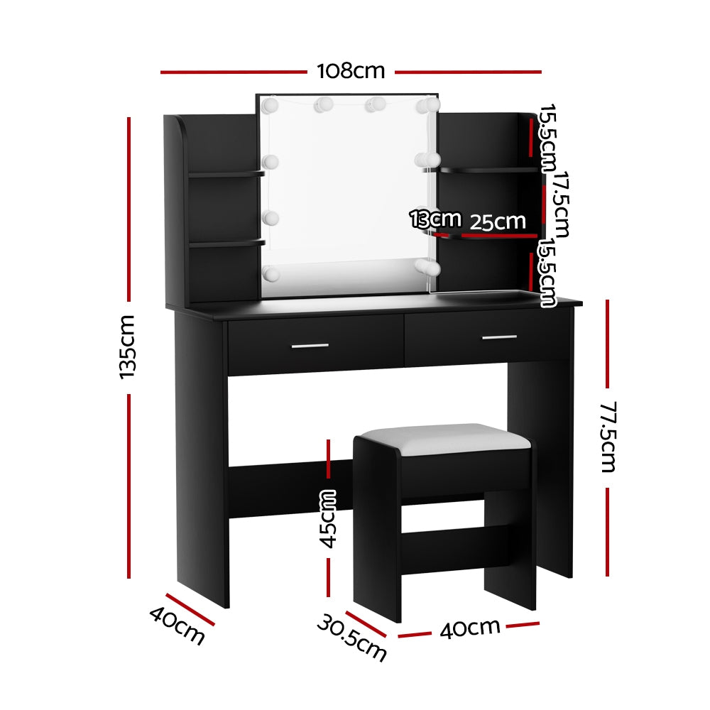 Artiss Dressing Table Set Stool 10 Led Bulbs Black Dulcea FUR-V-DRESS04-LED-BK-AB