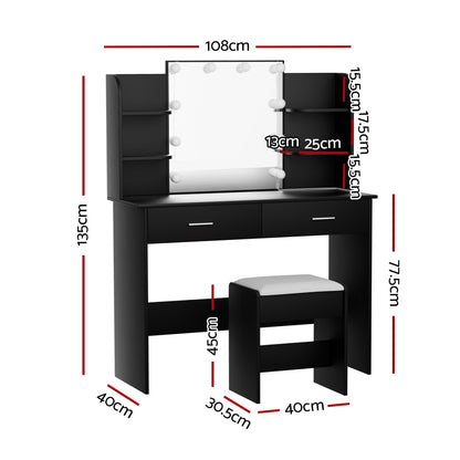 Artiss Dressing Table Set Stool 10 Led Bulbs Black Dulcea FUR-V-DRESS04-LED-BK-AB
