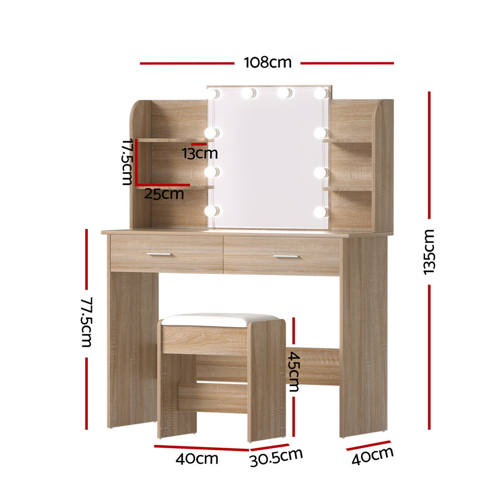 Artiss Dressing Table Set Stool 10 Led Bulbs Wood FUR-V-DRESS04-LED-WD-AB