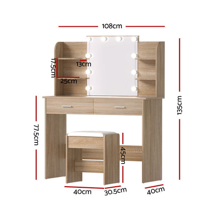 Artiss Dressing Table Set Stool 10 Led Bulbs Wood FUR-V-DRESS04-LED-WD-AB