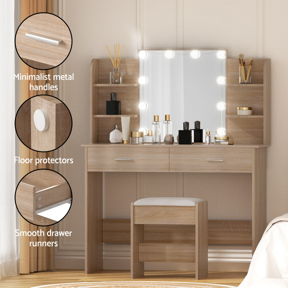 Artiss Dressing Table Set Stool 10 Led Bulbs Wood FUR-V-DRESS04-LED-WD-AB