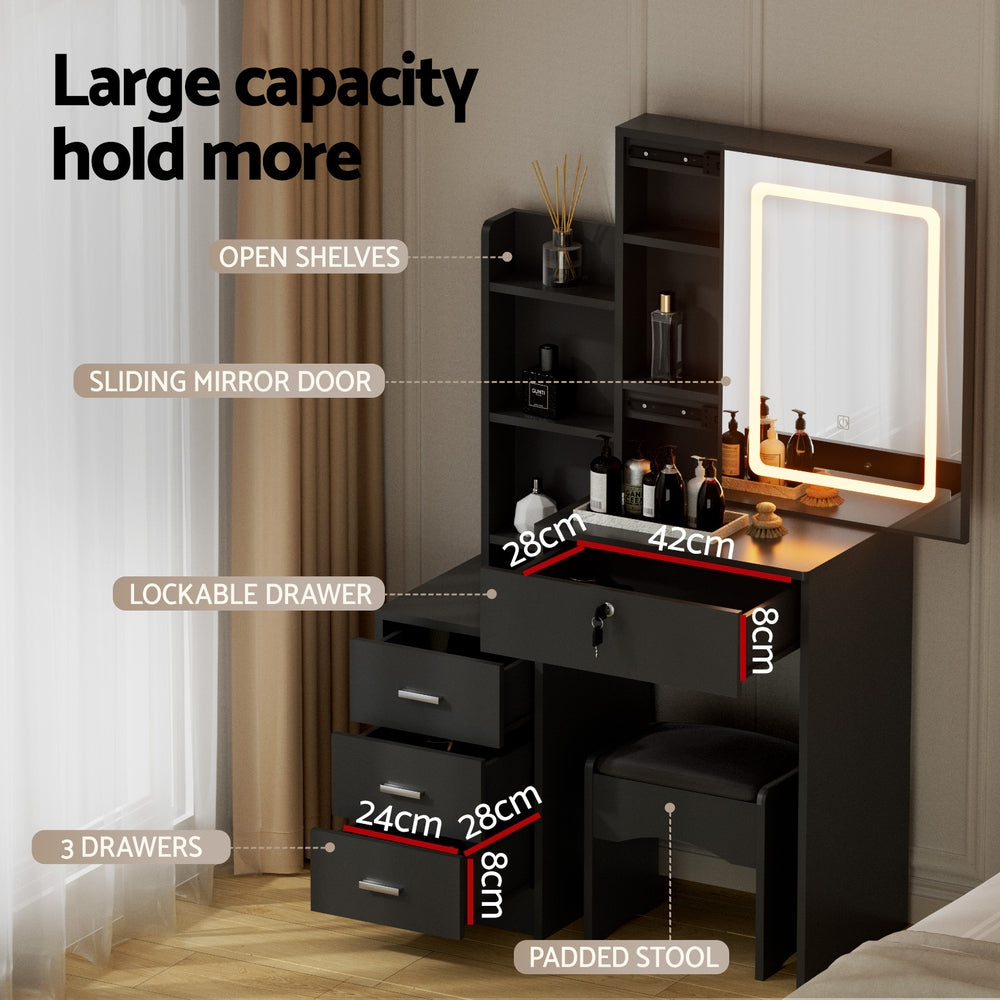 Artiss Dressing Table Vanity Desk Set Stool Led Black FUR-V-DRESS05-LED-BK-AB
