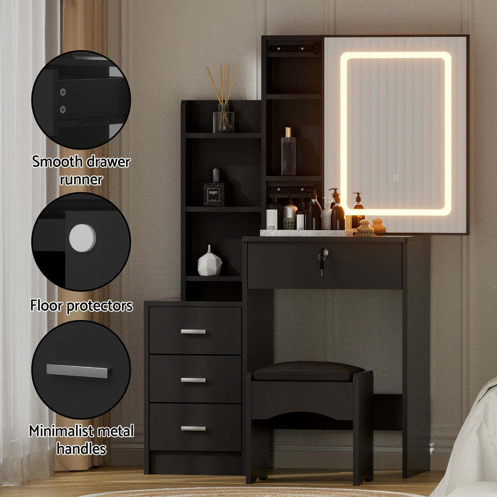 Artiss Dressing Table Vanity Desk Set Stool Led Black FUR-V-DRESS05-LED-BK-AB