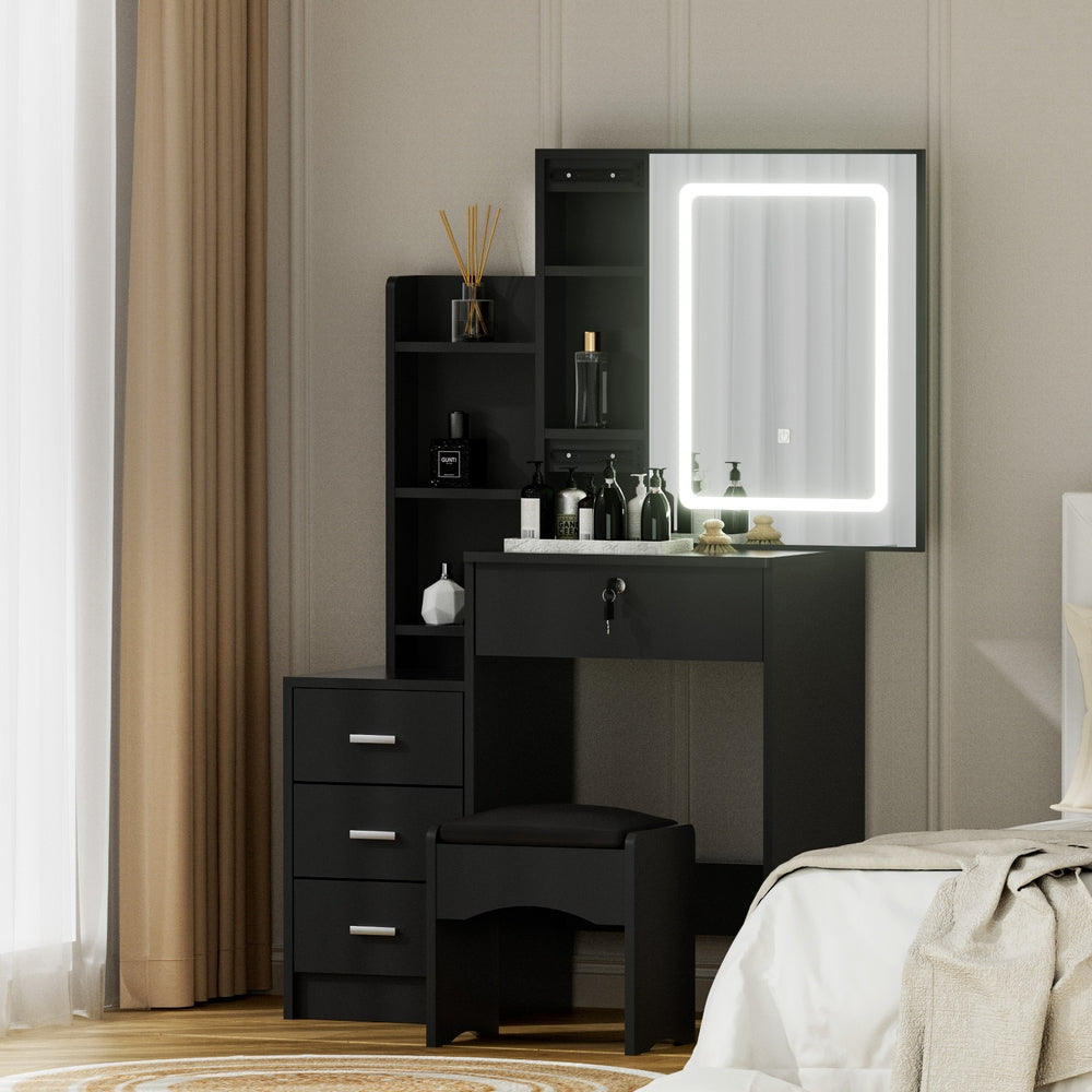 Artiss Dressing Table Vanity Desk Set Stool Led Black FUR-V-DRESS05-LED-BK-AB
