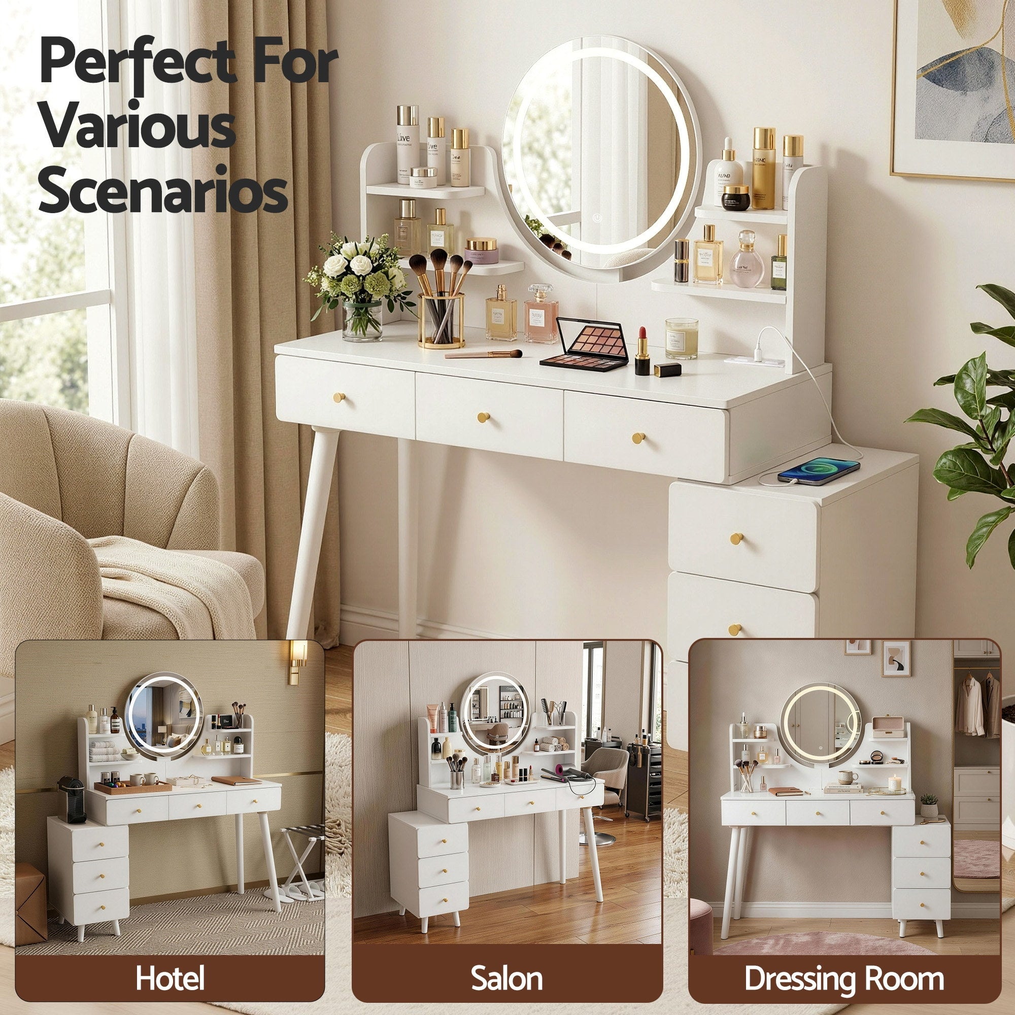 Artiss Dressing Table Vanity Desk LED Charging Station White FUR-V-DRESS07-WH-AB