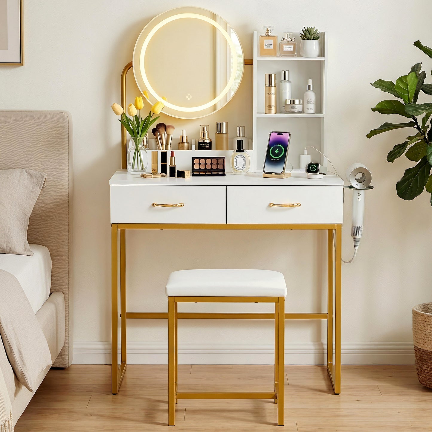 Artiss Dressing Table Vanity Desk Set Stool LED Charging Station White FUR-V-DRESS08-WH