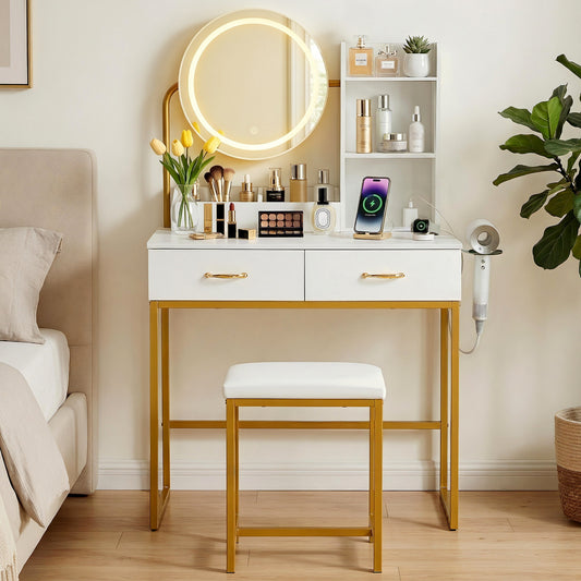 Artiss Dressing Table Vanity Desk Set Stool LED Charging Station White FUR-V-DRESS08-WH