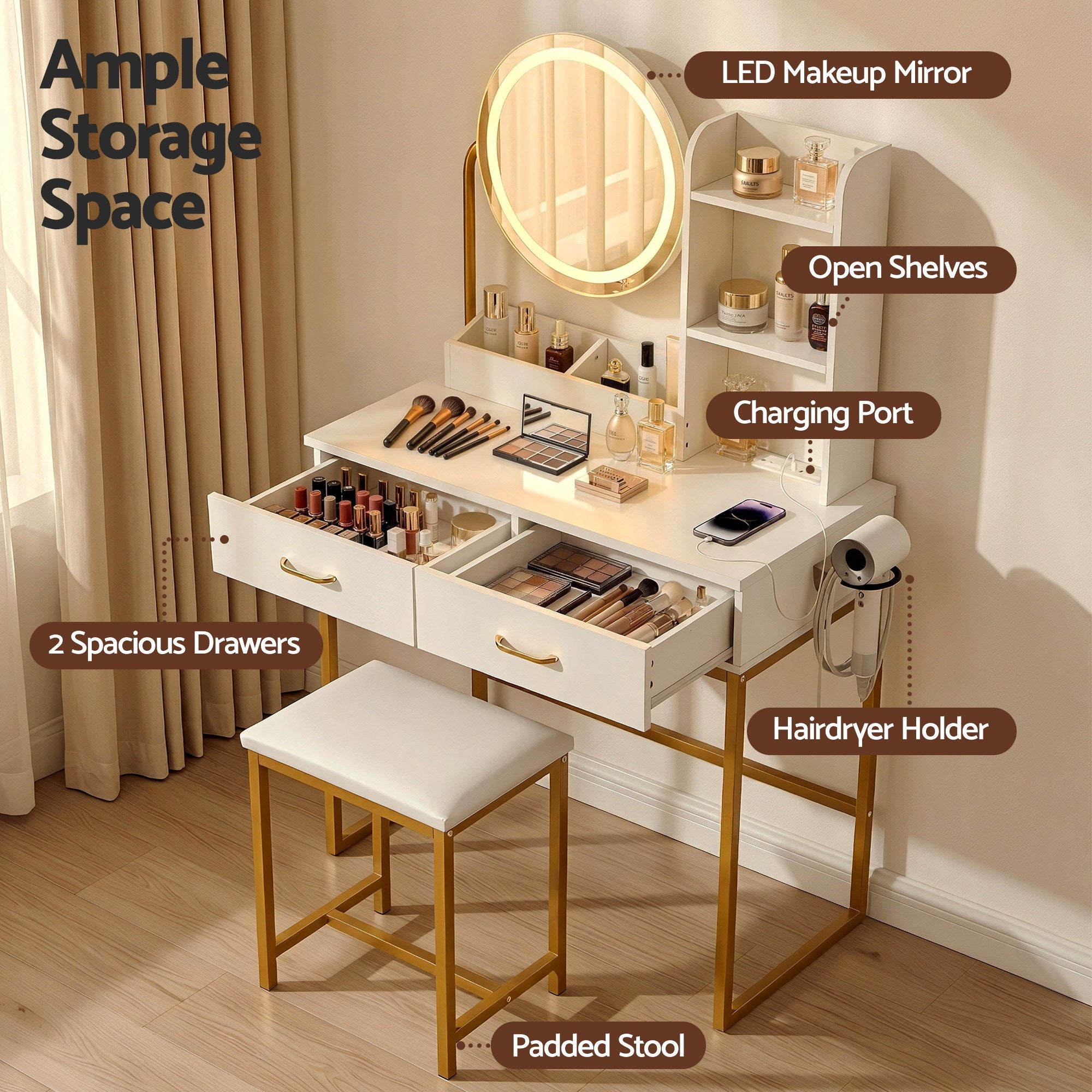 Artiss Dressing Table Vanity Desk Set Stool LED Charging Station White FUR-V-DRESS08-WH