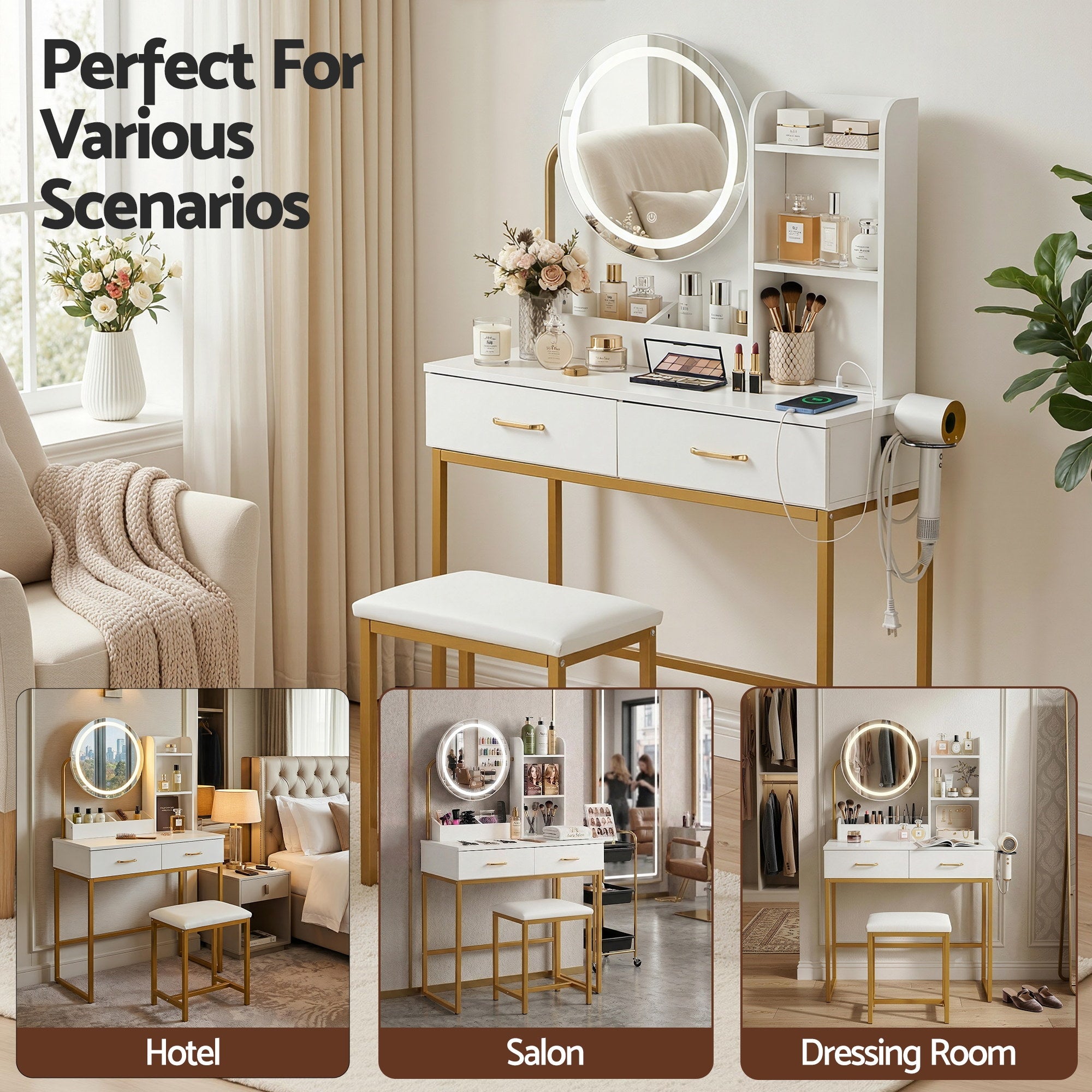 Artiss Dressing Table Vanity Desk Set Stool LED Charging Station White FUR-V-DRESS08-WH