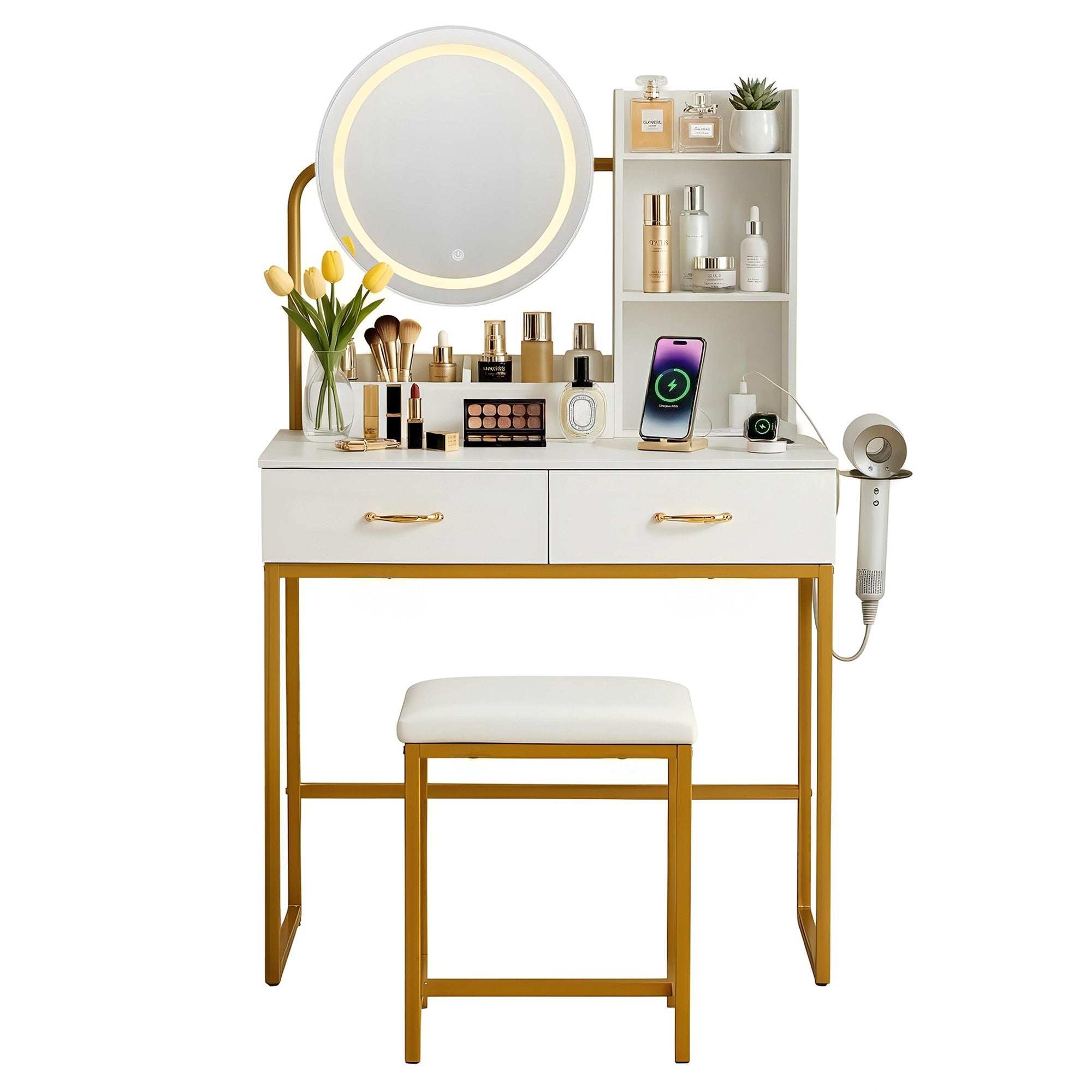 Artiss Dressing Table Vanity Desk Set Stool LED Charging Station White FUR-V-DRESS08-WH
